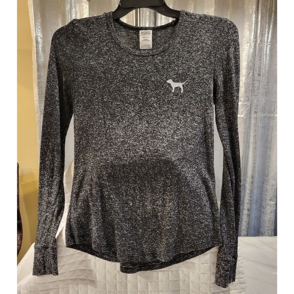 PINK Victoria's Secret Small Gray Long Sleeve Sleep Top Glitter Dog Comfy‎ Cozy